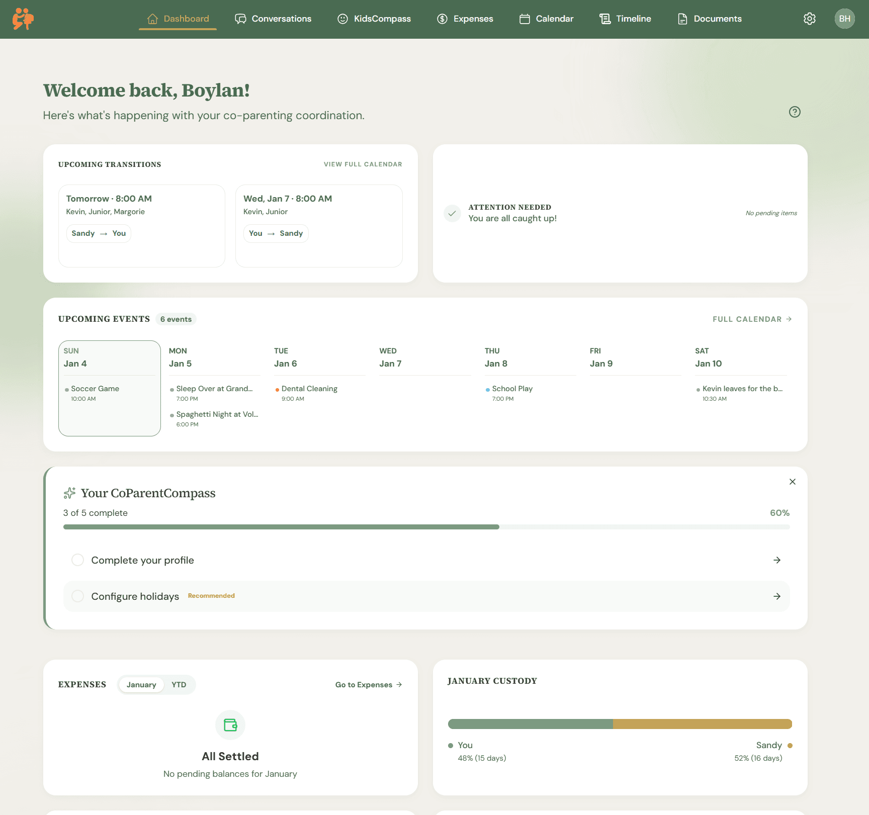 CoParentCompass Dashboard showing a shared calendar and expenses